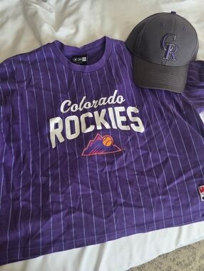 Colorado Rockies Women's Purple Pinstripe City Connect Crop T‑Shirt and Hat